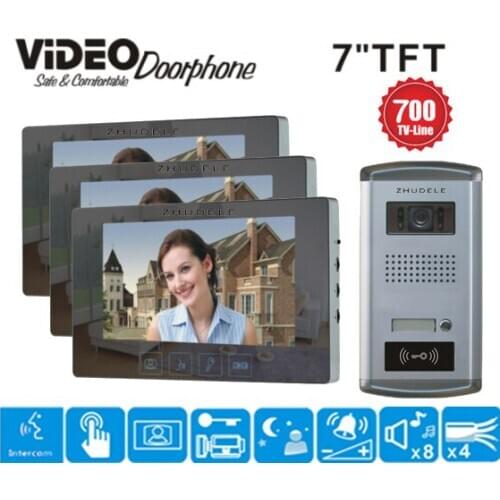 ZHUDELE FRID camera home security intercom system 7" video/audio door phone 1camera and 3 monitors doorbell in stock