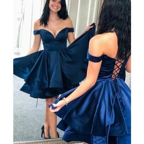 Short Satin V-Neck Homecoming Dresses with Pockets Lace Up Back Knee Length Navy Abendkleid Robes de Soirée for Women