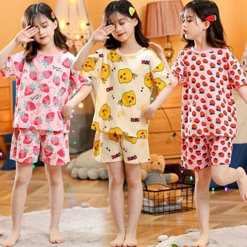 Summer Pajamas Set For Girls Strawberry Print Cotton Pyjamas Kids Tshirt Shorts 2 Piece Set Cartoon Sleepwear Children Clothing