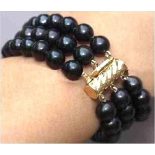 HOT NEW 3 ROW 7.5 INCH AAA 7-8MM TAHITIAN BLACK PEARL BRACELET >>free shipping