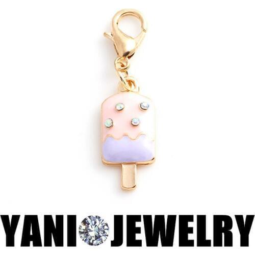 20pcs/lot Free Shipping Gold Color Multicolor Pink Rhinestone Enamel Ice Cream Charms Pendant Charms With Lobster Clasp Jewelry