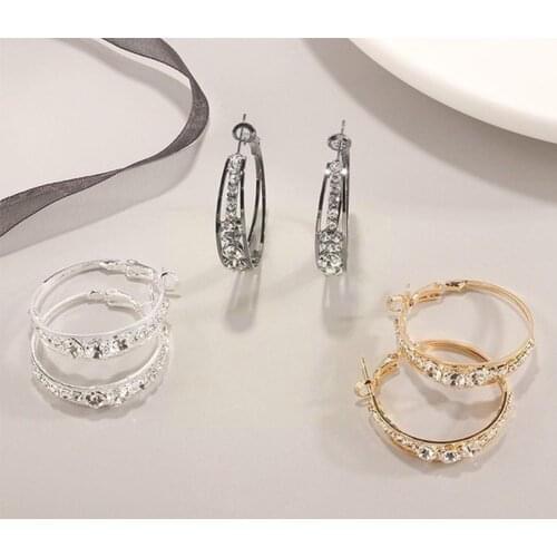 Fashion Rhinestone Oversize Big Round Chain Hoop Earrings Exaggerated Jewelry Earring Gold Geometric Color Black Gift Silve E6T1