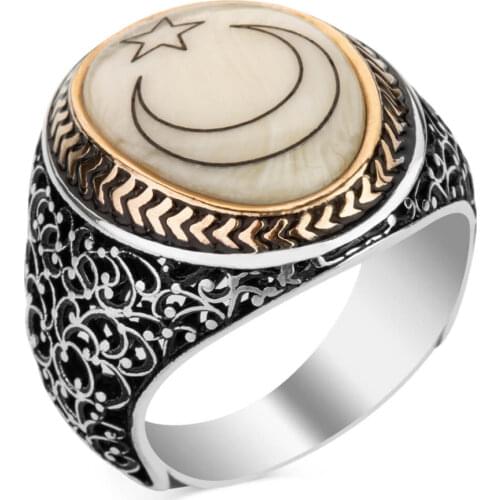 Mens Vintage Ring Crescent Star Motif Ring Turkish Handmade Silver Men Ring Ottoman Style Mens Accessory Sedef Men Ring