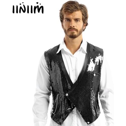 Mens Male Gothic Fasnion Rock Parties Clubwear Steampunk Shiny Sequins V-Neck Button Down Vest Victorian Renaissance Waistcoat
