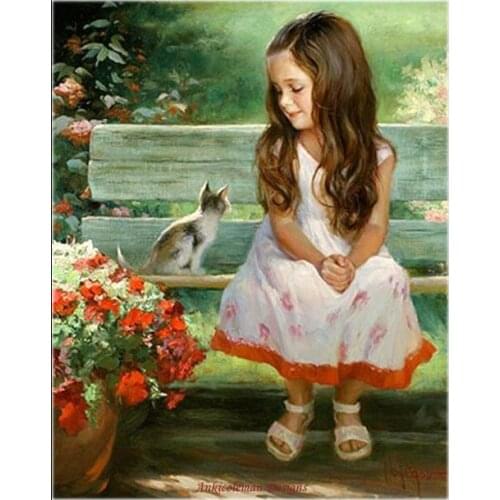 Counted Cross Stitch Kits Needlework - Crafts 14 ct Aida DMC Color DIY Arts Handmade Home Decor - Girl and Kitty