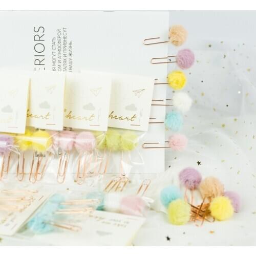 New packing 3Pcs/lot Cute Colored Hair Ball Paper Clip Metal Bookmark Home Decoration Gift Stationery School Office Supply