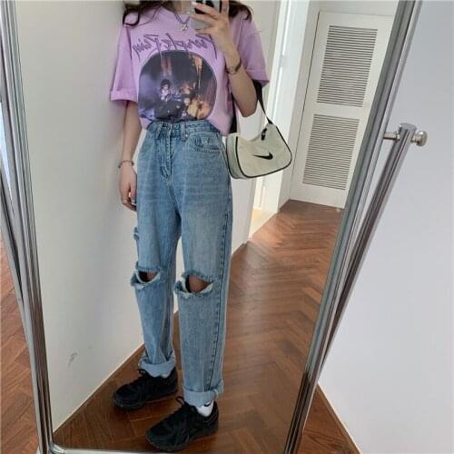 2020 New Arrivals Summer Chic Fashion Elegant Fashion Holes Deepblue Simple Loose Basic High Waist Solid Long Denim Pants