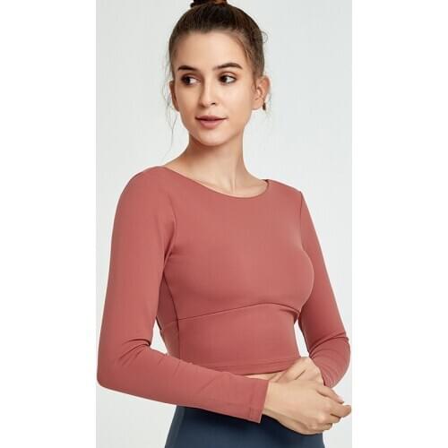 Solid Paded Sport Top Backless Yoga Shirt Training Fitness T-shirt Crop Top Sportswear Gym Workout Top Elastic Long Sleeve