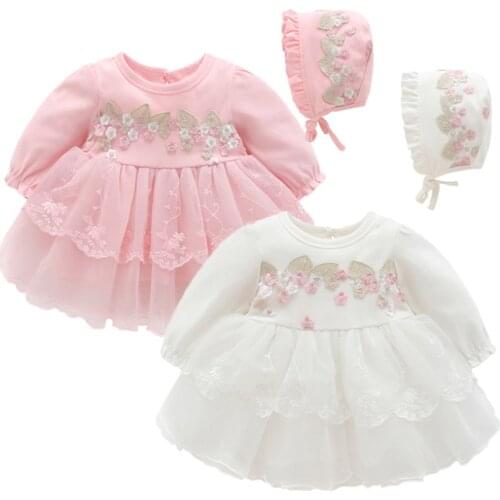Autumn Long Sleeve Baby Girl White Baptism Dresses Lace Embroidery Newborn Christening Dress For Baby 1st Year Birthday Dress