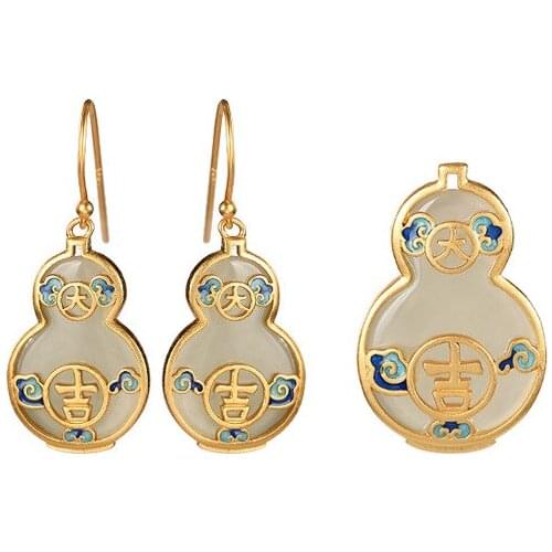 S925 sterling silver gold plated Hetian jade vintage cloisonne enamel Xiangyun calabash pendent earring set