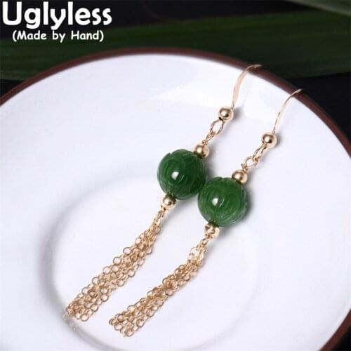 Uglyless Multi Chains Tassel Earrings for Women Nature Jasper Lotus Earrings 925 Silver Ethnic Brincos Vintage Gemstones Jewelry