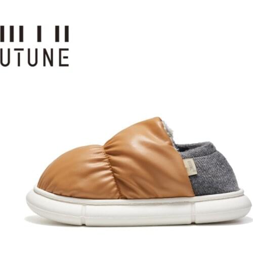 UTUNE Toast Winter Mens Home Slippers PU Waterproof Outside Shoes Women Soft Plush Indoor Light Flats New Autumn Fashion 2021