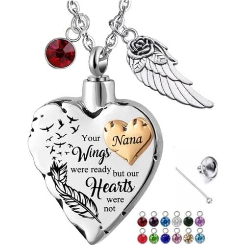 Your Wings Were Ready Stainless Steel Cremation Necklaces for Ashes Urn Jewelry with Birthstones Crystal Memorial Nana Necklace