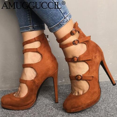 2020 New Plus Big Size 35-52 Brown Buckle Fashion Sexy High Heel Spring Summer Female Ladies Shoes Women Pumps D1300