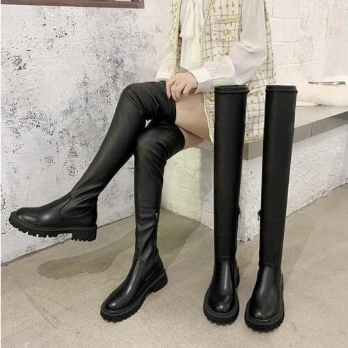 Womens Long Boots Plus Plush Over Knee Stretch Boots For Female Round Toe Mid Heels Non-slip Lady Shoes Winter Warm Boots 2021