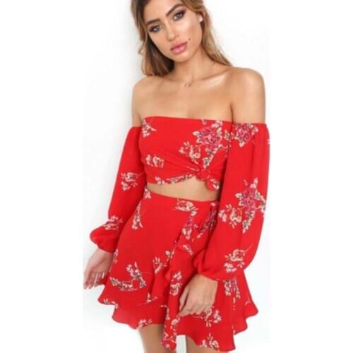 Fashion Print 2pcs Womens Sets Off Shoulder Long Sleeve Crop Tops+Ruffled Bandage Mini Skirts Summer Boho Clothing for Women