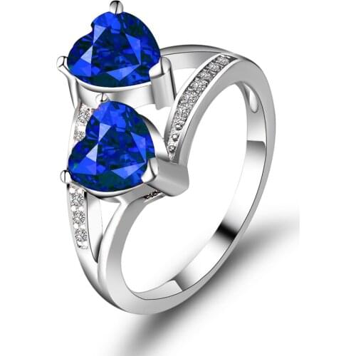 Hot Mystic Rainbow Vintage Zircon Rings For Women Double Heart of Love Silver Color Filled Birthstone Finger Ring Wedding Rings