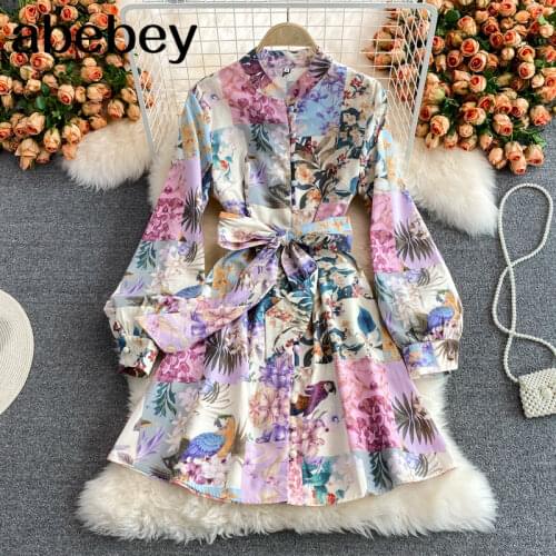 2021 New Spring Autumn Vintage stand collar long sleeve Dress high waist lace up waist single breasted print short A-line Dress