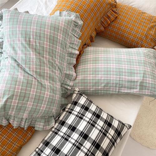 Cilected 100% Cotton Retro Plaid Pillowcase Envelope Lotus Leaf Lace Bowknot Cushion Cover Home Decoration Pillow Cover 1PC