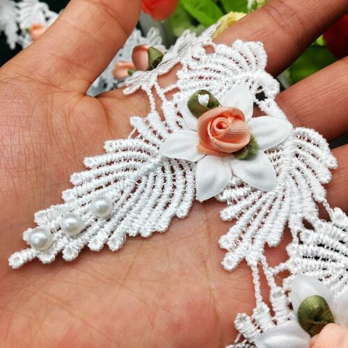 10X White 3D Bowknot Pearl Rose Flower Lace Trim Applique Trimming Ribbon Fabric Embroidered Sewing Craft Wedding Decoration