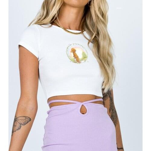2021 Ladies Summer Round Collar T-shirt Girls Creative Girl Scenery Printing Short Sleeve Midriff-baring Tops Slim Base Shirt