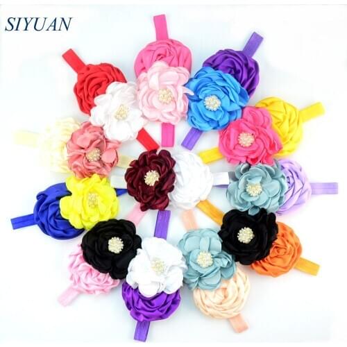 30pcs/lot 12 Color Burned Satin Flower Headband Flat Rose Floral Rhinestone Button Headband Girl Shower Party Headwear FD210