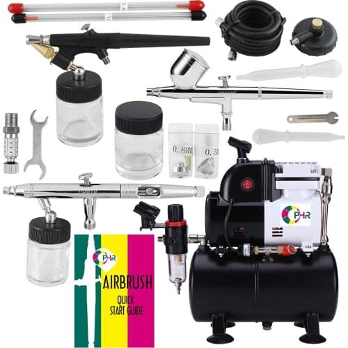 OPHIR 3 Airbrush & Compressor Kit Dual Single Action Spray Air Brush Set with 3L Tank for Tattoo Model Hobby Body Paint Art