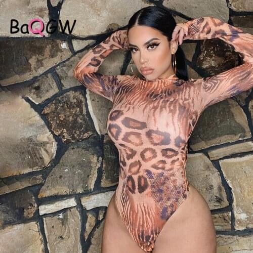 BaQGW Women Fashion Long Sleeve Leopard Skin Prinetd Slim Bodysuit Sexy Rompers Bodycon Streetwear Jumpsuit Skinny Leopard Tops