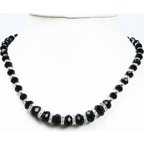 Popular Black Crystal Glass Faceted Beads Silver Accessory Necklace With Magnetic Clasp 45cm one piece 199-1