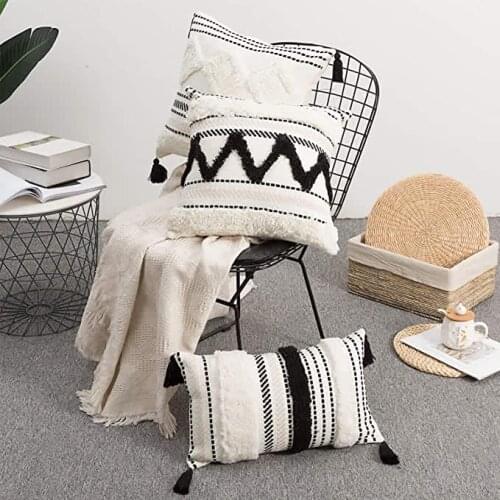 Morocco Tufted Boho Throw Pillow Covers Black White Bohemian Woven Pillow Cases Accent Pillows for Bed Modern Triba 45X45cm