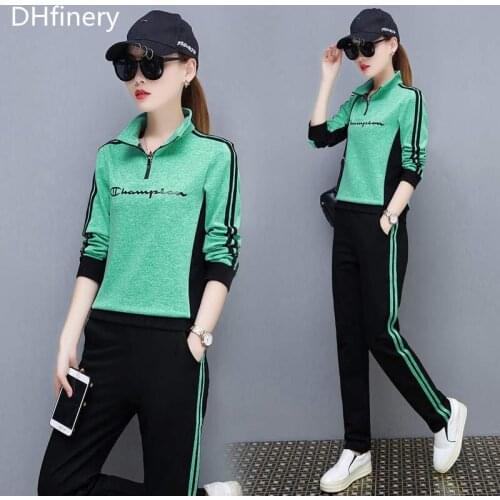 DHfinery Leisure suit 2 piece set women long sleeve t shirt and trousers gray pink orange casual set plus size M-4XL bs7289