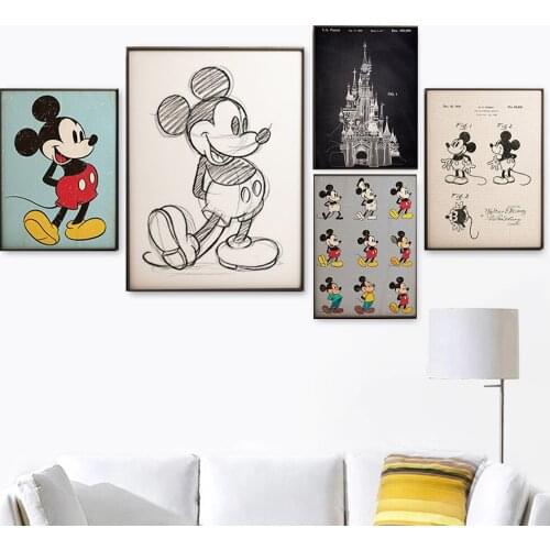 Catoon Canvas Painting Wall Art Mickey Mouse Poster Disney Character Retro Picture Print for Living Room Decor Home Decoration