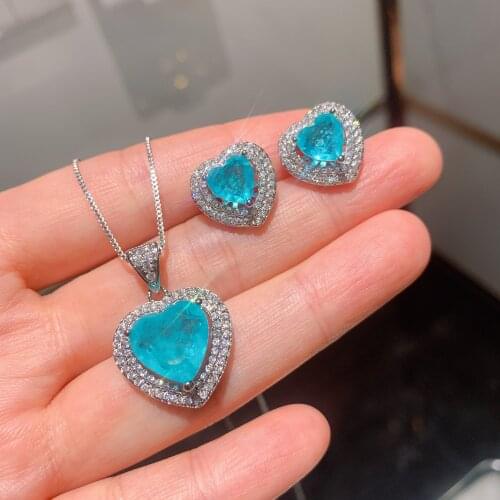 QTT Paraiba Bridal jewelry Set Silver Chain Love Heart Tourmaline Gemstone Earrings Necklace Earrings Set Women Jewelry Sets