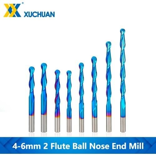 2 Flute Ball Nose End Mill Nano Blue Coating 4-6mm Shank Tungsten Carbide Milling Cutter For Metalworking Tool Spiral Router Bit