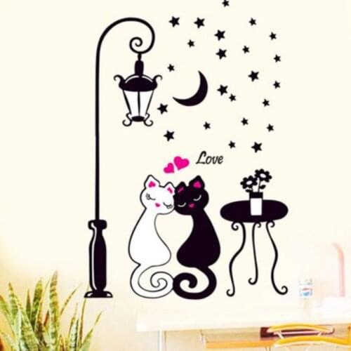 Hot Home Decor Living Room Bedroom Wall Stickers Lovers Cat Street Lights Wallpaper Black & White Cat Sticker