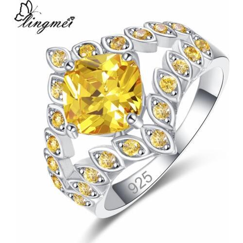 Lingmei Gorgeous Cocktail Party Round Marquise Jewelry Purple & Gold Zircon Silver Color Ring Size 6-9 Wedding Band Jewelry