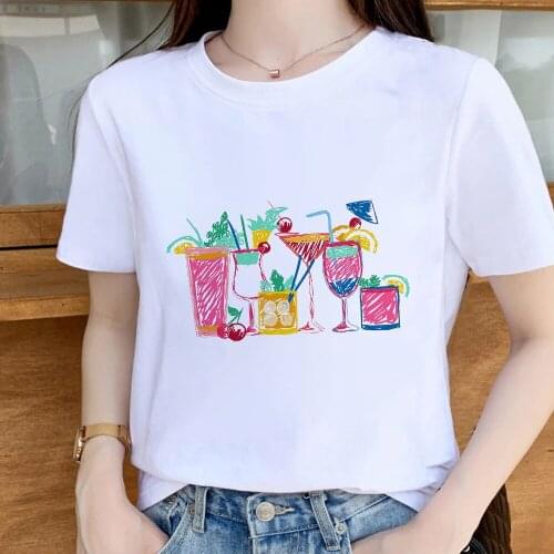 Cartoon Women T Shirts Variety of beach drinks Printed Tshirt Female Round Neck Design T-shirt Creative Leisucre Dynamic Beach