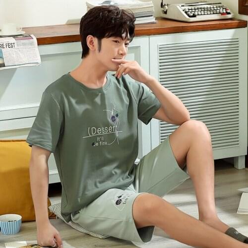 Men Summer Cotton Short-sleeve Shorts Pajamas Set Dark Green Homewear Plus Size Fashion Letter Printing Cartoon Mens Sleepwear