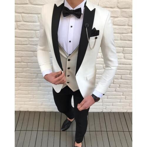 Men Suits 3 Pieces Slim Fit Leisure Groomsmen White Ivory Lapel Business Tuxedos for Formal Wedding(Blazer+Pants+Vest)