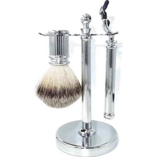 WLONG Men Barber Tools Razor Gift Set with 3 Blade Design and Silvertip Pure Badger Hair Shaving Stand Holder