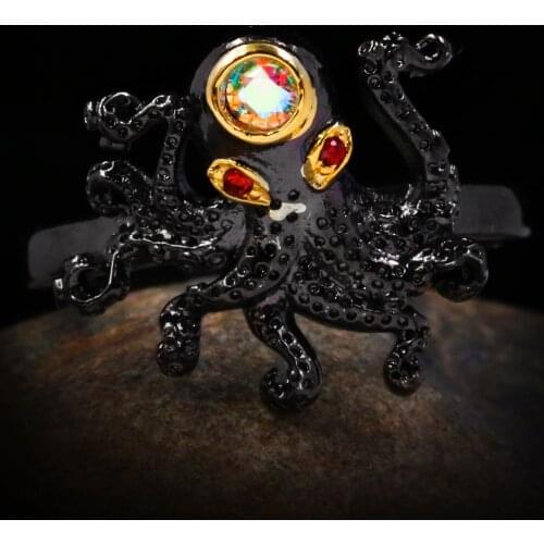 New Unique 925 Silver Men Jewelry Animal Ring Octopus Tentacles Black Gold Ring Red Zircon Ring Party Jewelry High Jewelry