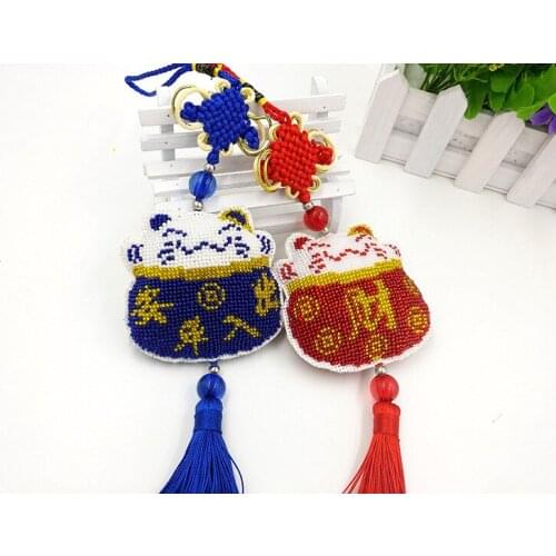 Lucky Cat bead cross stitch kit printed stamped 14ct plastic canvas DIY handmade craft needlework Car hanging Pendant tassel