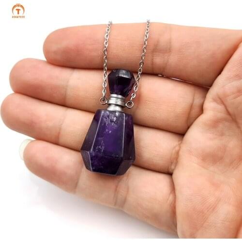 Natural GemStone Perfume Bottle Pendant Necklace Quartz Amethyst Crystal Essential Oil Diffuser Stone Gold Silver Jewelry Chakra