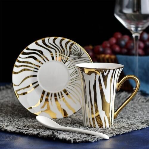 160ml Gold-plated Tree Stripe Trumpet Cup Dish Top Grade Ceramic Coffee Cup Set Spoon Hotel Club Superior Coffee Cup