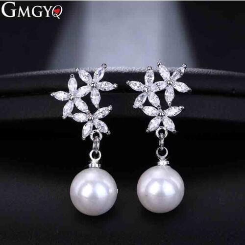 GMGYQ Flower-Shaped Zirconia cCrystal Luxury Wedding Brides Llong Eearrings Ladys Pearl Jewelry
