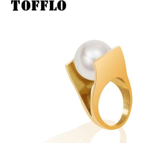 TOFFLO Stainless Steel Jewelry Y-Shaped Pearl Imitation Unique Style Ring Women Exaggeration Fashion Ring BSA166