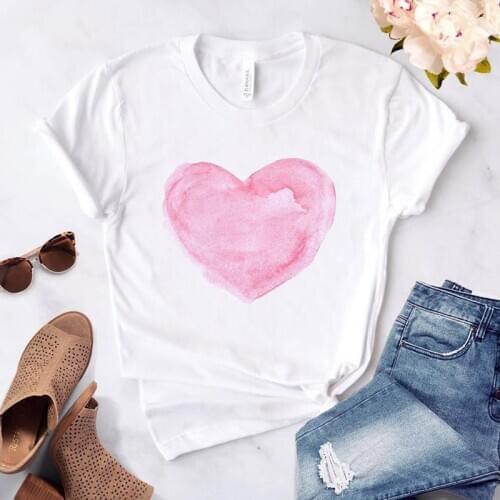 Heart Flower Print Ladies T-shirt Ladies Casual o-ring Collar White Shirt Short Sleeve Womens T-shirt Love Graphic Printing