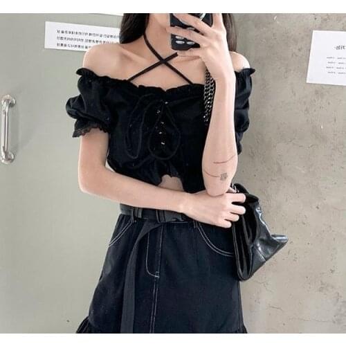 Lace Draw String Short Top Cool Harajuku Cool Streetwear Solid Black Women Slash Neck Gothic T Shirt With Outsleeves 2021 Summer