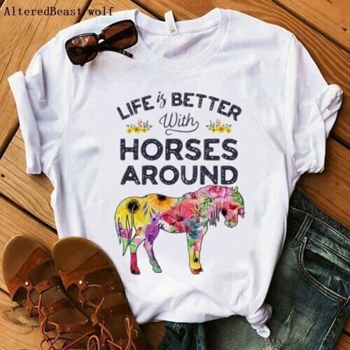 Womens Clothes 2019 Harajuku Style Short Sleeve O Neck White T Shirt Female Horse Print Pattern Casual horse Funny T-shirt Tops