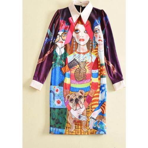 European and American womens wear 2019 The new winter Lapel long sleeve Cartoon character printing Loose fashion dress
